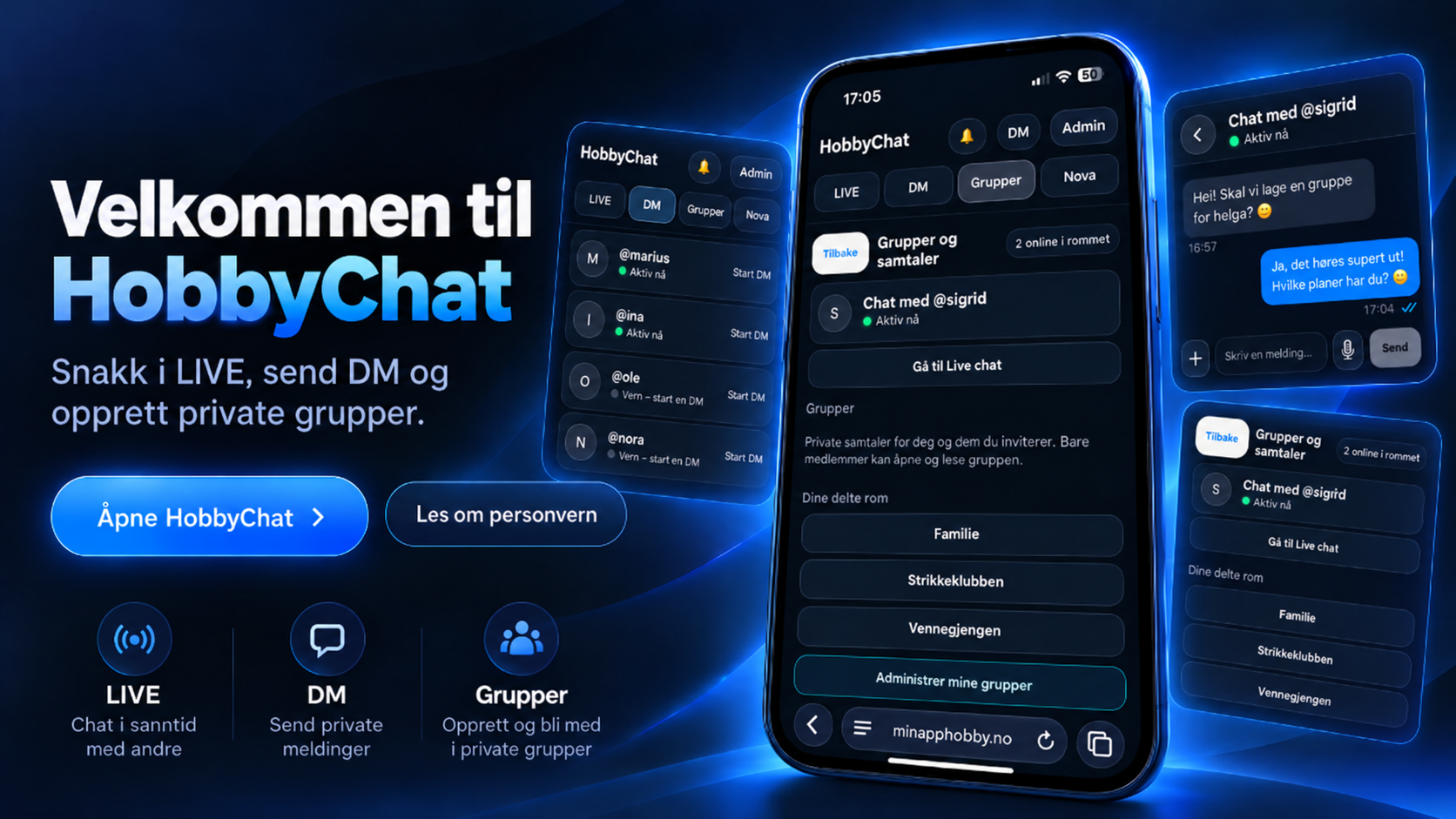 Markedsføringsillustrasjon basert på HobbyChat, med fiktive norske brukernavn, direktemeldinger og grupper.